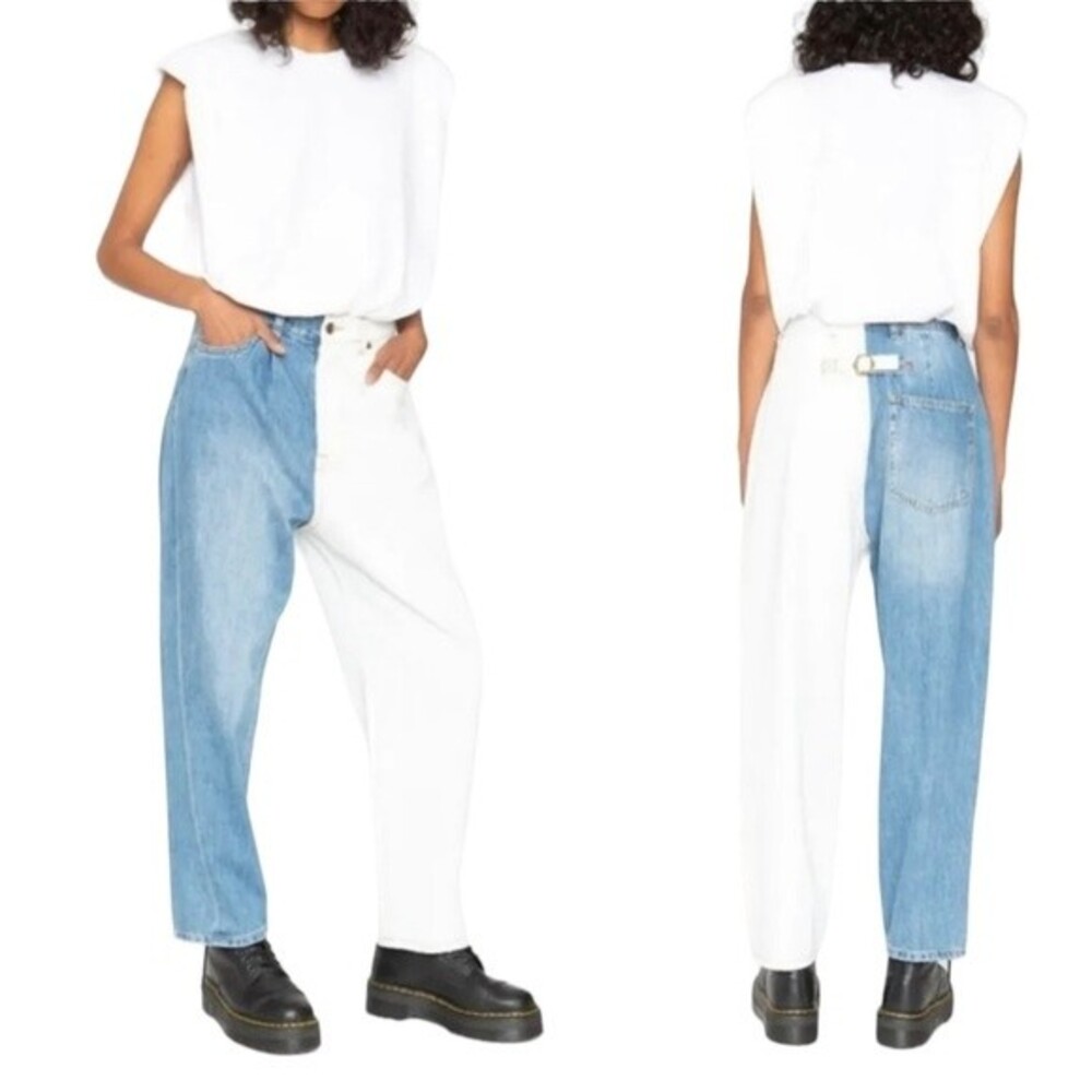 Free People X Sandrine Rose Wide Leg High Rise Color Block Retro Jean Milky Way